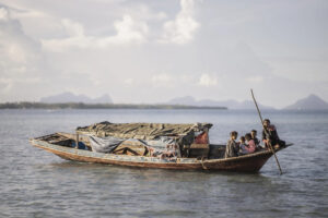 Malaysia, Omadal island, 2024-05-11. A Bajau Laut Lepa, the traditional boat the Bajau family use to travel around in th
