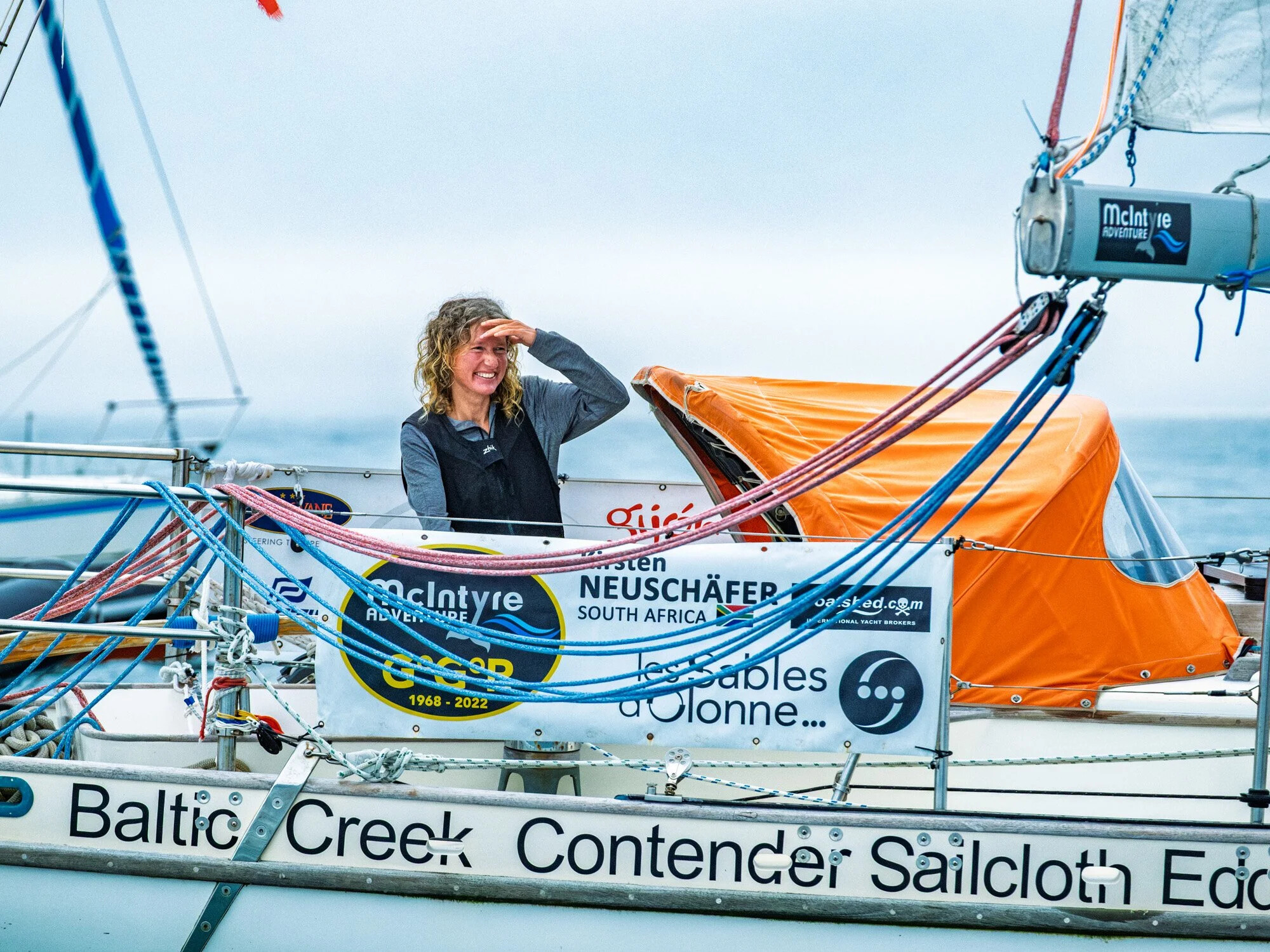 France, Les Sables d Olonne, 2023-04-27. South African sailor Kirsten Neuschafer arrives in Les Sables-d Olonne after wi