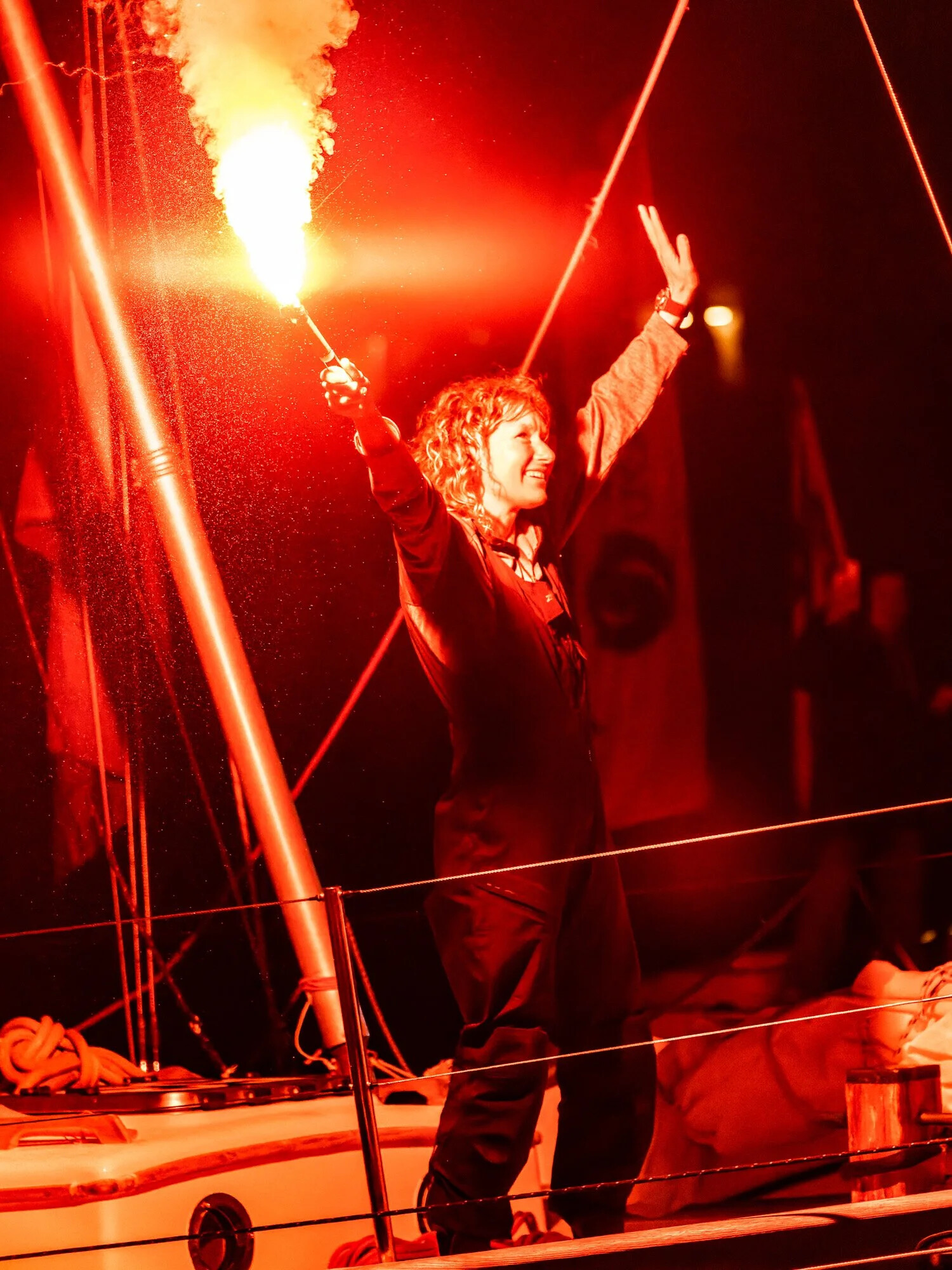 France, Les Sables d Olonne, 2023-04-27. South African sailor Kirsten Neuschafer, after crossing the finish line of the 