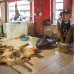 Indonesia, Manado, 2026-08-28. Smiling tattooed vendor kneading meat in a blue bucket, a dog carcass lying on the tiles,