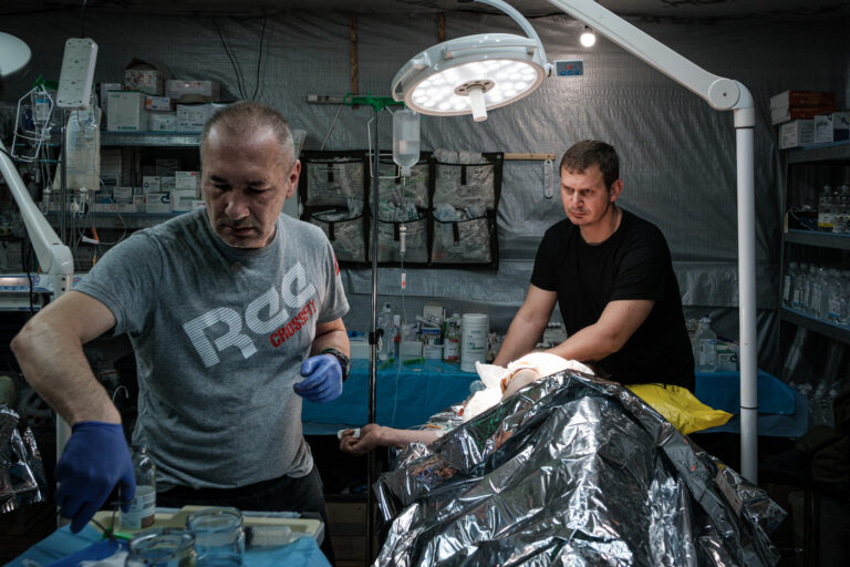 Ukraine, Kharkiv, 2025-07-09. Inside a medical stabilisation point housed in a village home near Vovchansk, north of Kha
