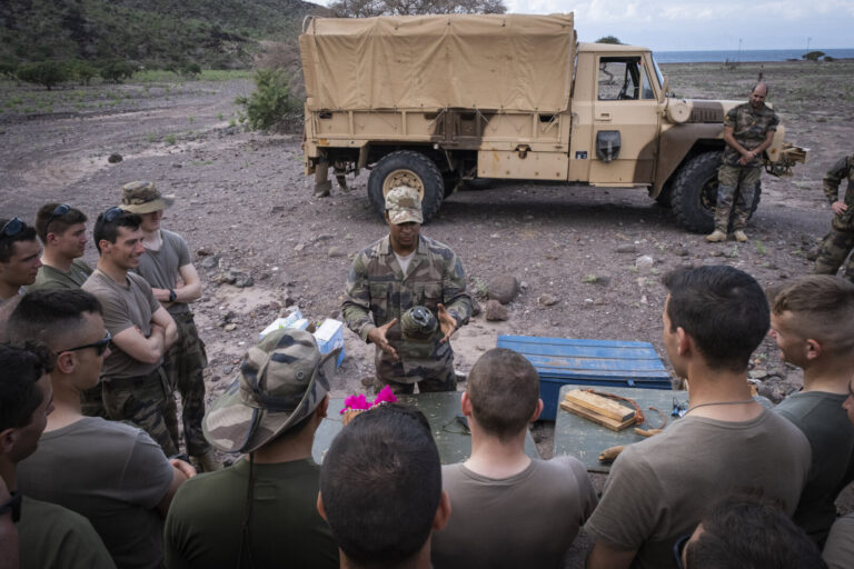 Djibouti, Djibouti, 2020-02-04. Officer cadets of the French Army infantry school, with foreign cadets among them, train