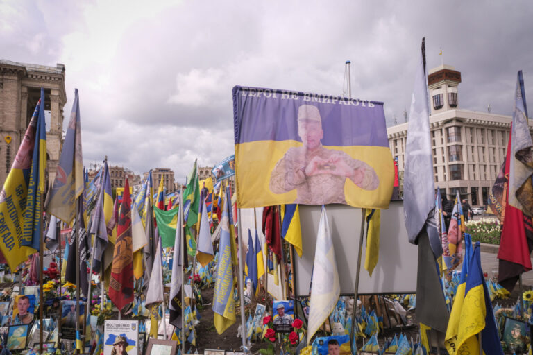 France, Kyiv, 2026-04-18. In Kyiv the war fills the centre of the city, from the military funerals on Maidan to the fiel