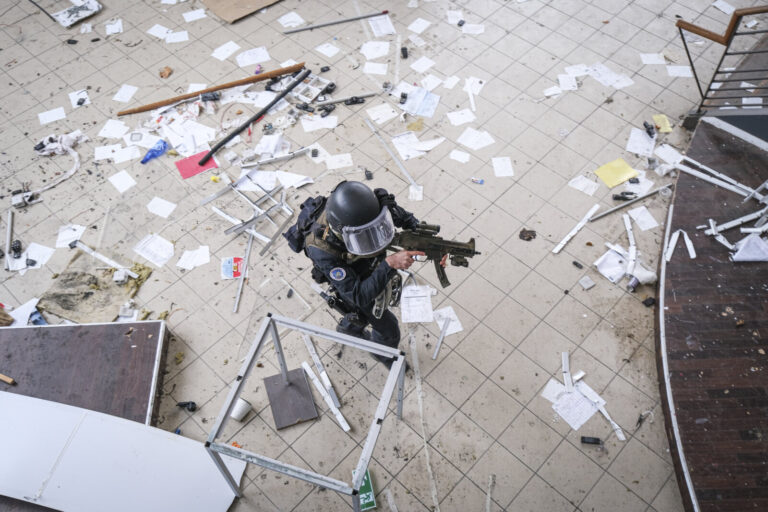 France, Toulouse, 2023-02-01. The Toulouse GIGN detachment trains in a disused shopping centre, rehearsing the assault a