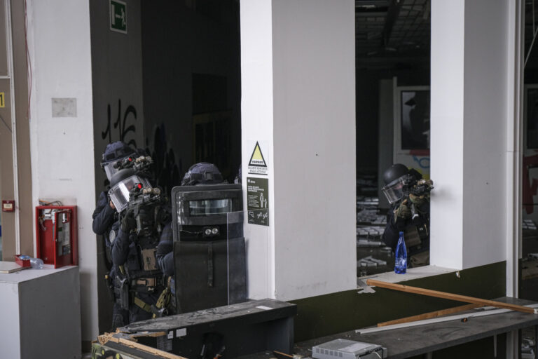 France, Toulouse, 2023-02-01. The Toulouse GIGN detachment trains in a disused shopping centre, rehearsing the assault a