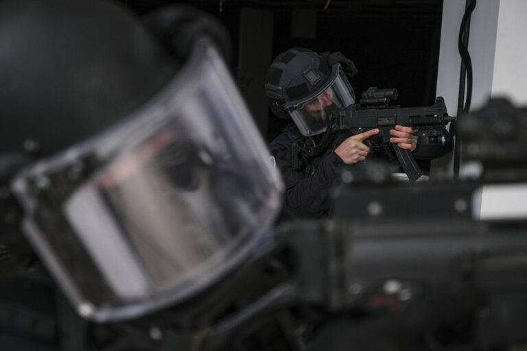 France, Toulouse, 2023-02-01. The Toulouse GIGN detachment trains in a disused shopping centre, rehearsing the assault a