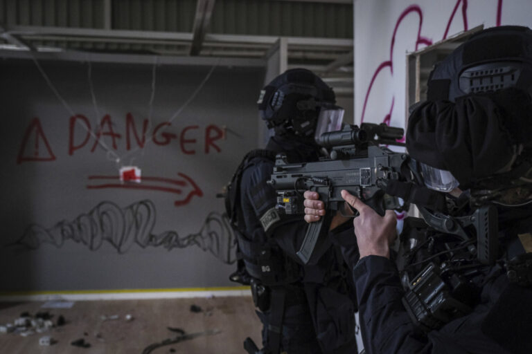 France, Toulouse, 2023-02-01. The Toulouse GIGN detachment trains in a disused shopping centre, rehearsing the assault a