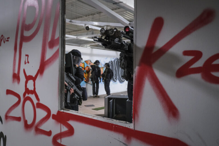 France, Toulouse, 2023-02-01. The Toulouse GIGN detachment trains in a disused shopping centre, rehearsing the assault a