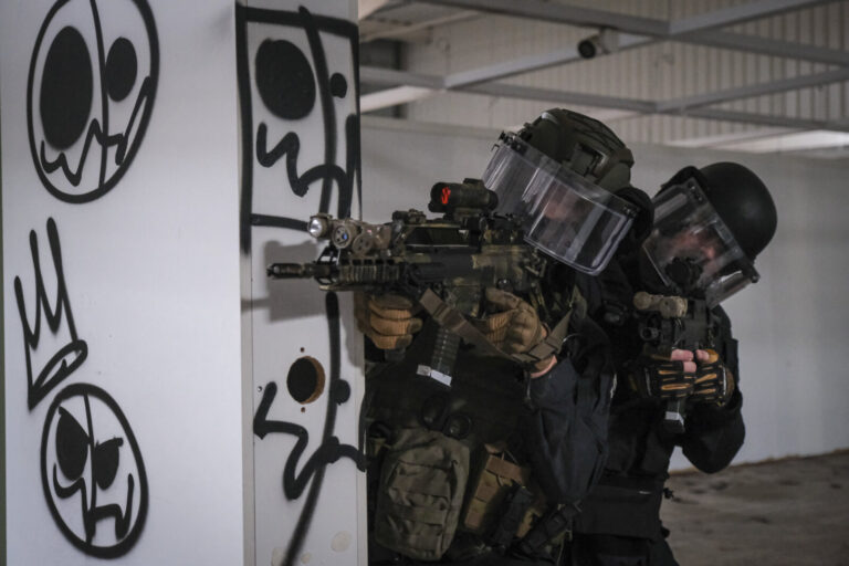 France, Toulouse, 2023-02-01. The Toulouse GIGN detachment trains in a disused shopping centre, rehearsing the assault a