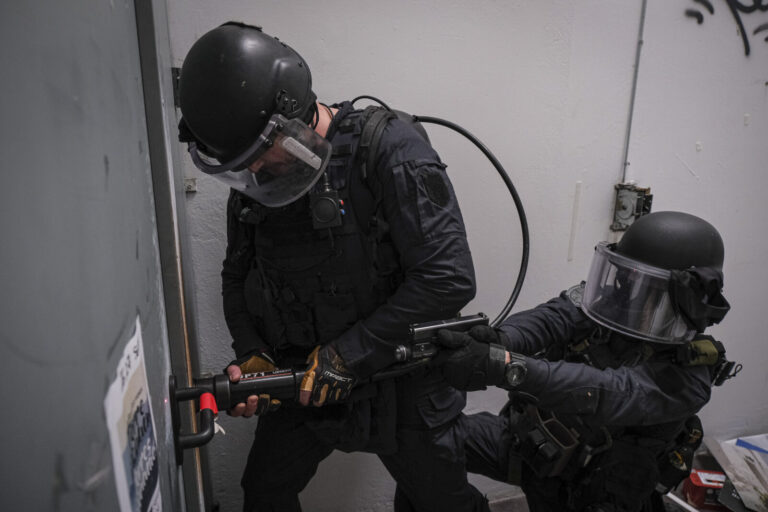 France, Toulouse, 2023-02-01. The Toulouse GIGN detachment trains in a disused shopping centre, rehearsing the assault a