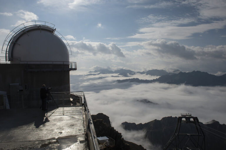 France, La Mongie, 2015-09-04. The Pic du Midi de Bigorre observatory, perched at 2877 metres in the French Pyrenees, wo