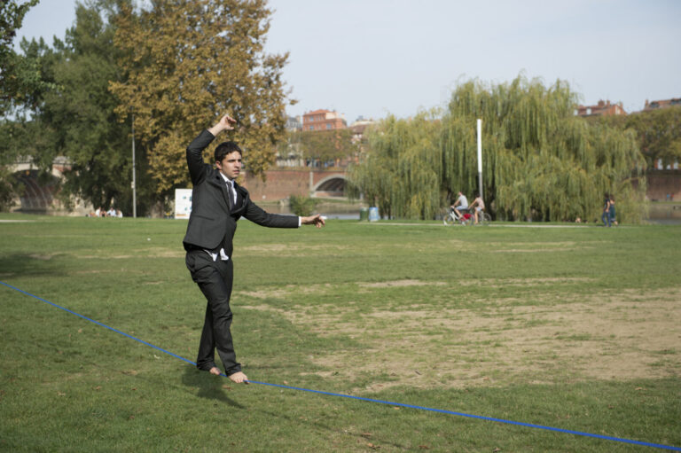 France, Toulouse, 2014-10-02. Sixty years after Jean Dieuzaide photographed a tightrope walkers wedding above the place 