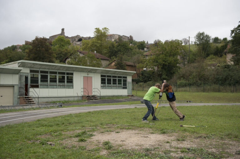 France, Cordes-sur-Ciel, 2014-10-03. Sixty years after Jean Dieuzaide photographed a tightrope walkers wedding above the