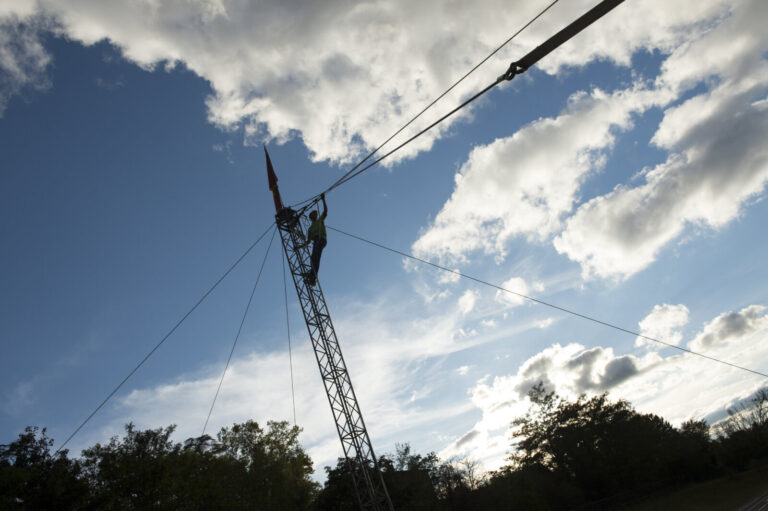 France, Cordes-sur-Ciel, 2014-10-03. Sixty years after Jean Dieuzaide photographed a tightrope walkers wedding above the