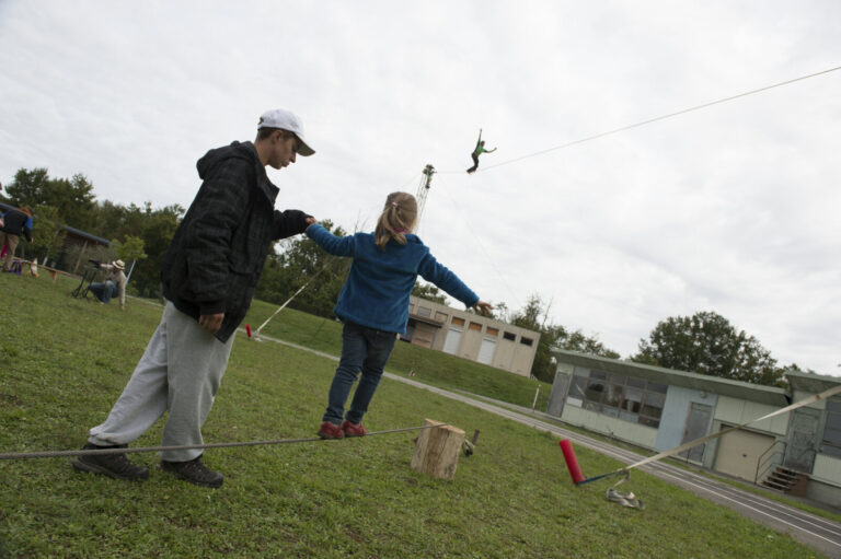 France, Cordes-sur-Ciel, 2014-10-04. Sixty years after Jean Dieuzaide photographed a tightrope walkers wedding above the