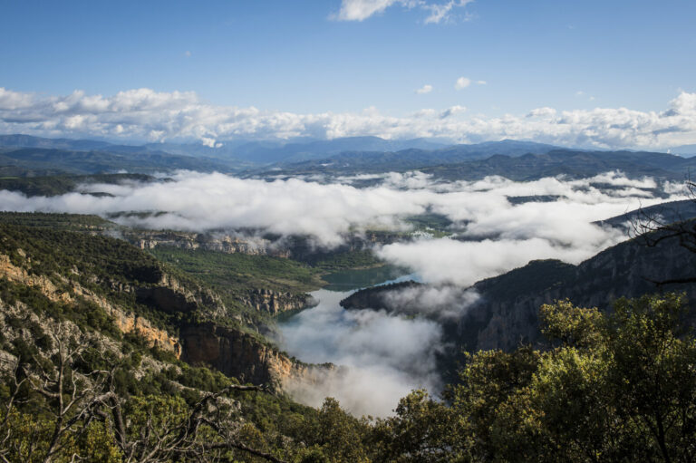 Spain, Puente de Montanana, 2014-05-20. Above the Mont-rebei gorge in the Spanish Pyrenees a French Spanish and Ukrainia