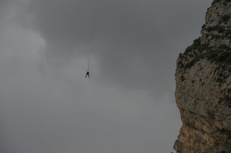 Spain, Puente de Montanana, 2014-05-26. Above the Mont-rebei gorge in the Spanish Pyrenees a French Spanish and Ukrainia