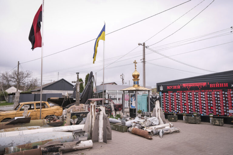 Ukraine, Pavlograd, 2026-04-23. At Pavlograd in the Dnipropetrovsk region, a memorial wall covered with photographs of t