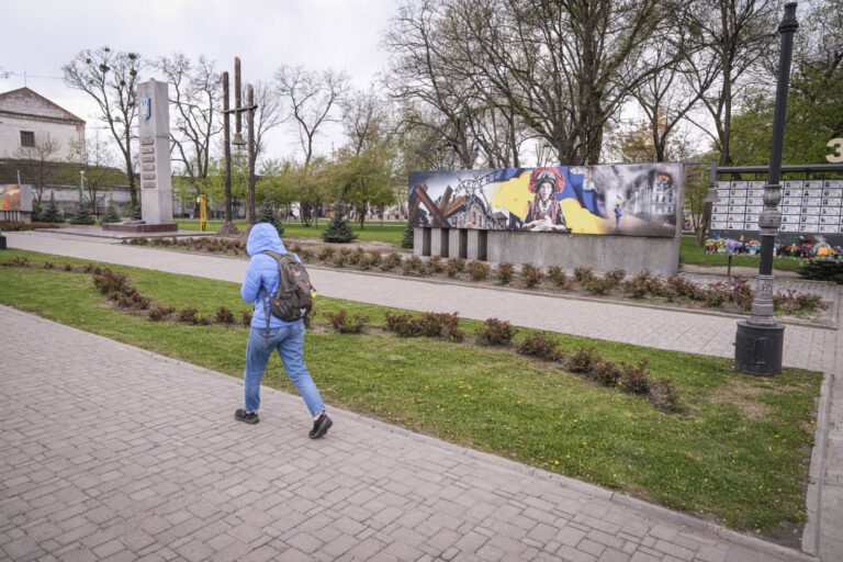 Ukraine, Pavlograd, 2026-04-23. At Pavlograd in the Dnipropetrovsk region, a memorial wall covered with photographs of t