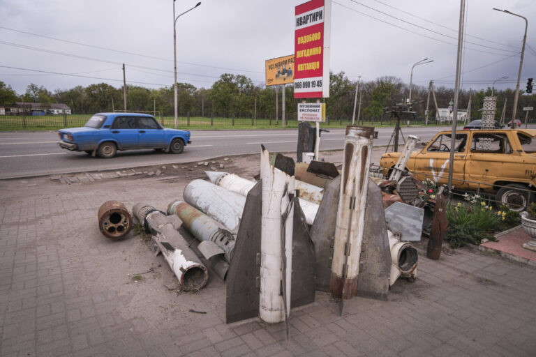 Ukraine, Pavlograd, 2026-04-23. At Pavlograd in the Dnipropetrovsk region, a memorial wall covered with photographs of t