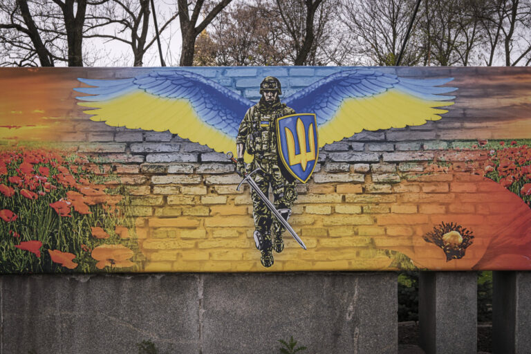 Ukraine, Pavlograd, 2026-04-23. At Pavlograd in the Dnipropetrovsk region, a memorial wall covered with photographs of t