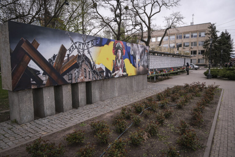 Ukraine, Pavlograd, 2026-04-23. At Pavlograd in the Dnipropetrovsk region, a memorial wall covered with photographs of t