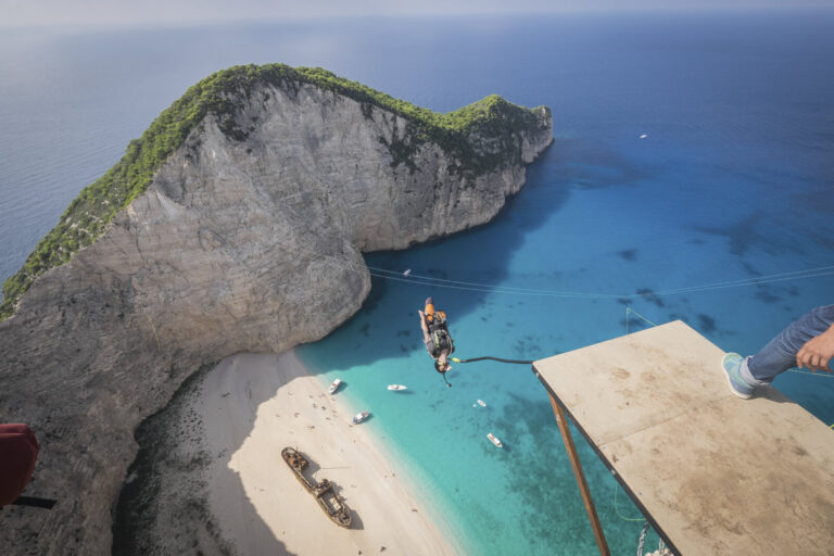 Greece, Zakynthos, 2015-10-19. On the island of Zakynthos the French of Pyrenaline and the Ukrainians of Rock n Rope rig