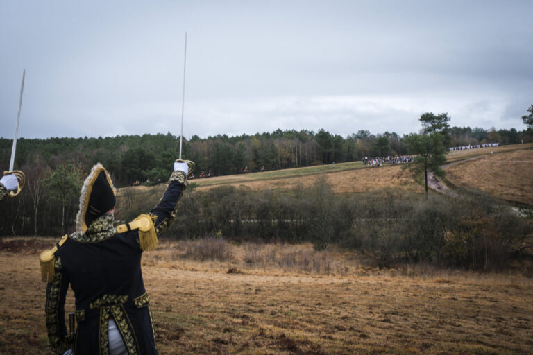 France, Guer, 2025-11-29. Officer cadets of the Saint-Cyr Coetquidan military academy re-enact the battle of Austerlitz 