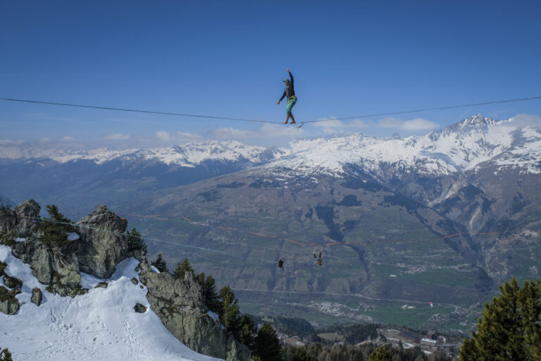 France, Bourg-Saint-Maurice, 2017-04-06. At the Winter Festislack in the ski resort of Les Arcs above Bourg-Saint-Mauric