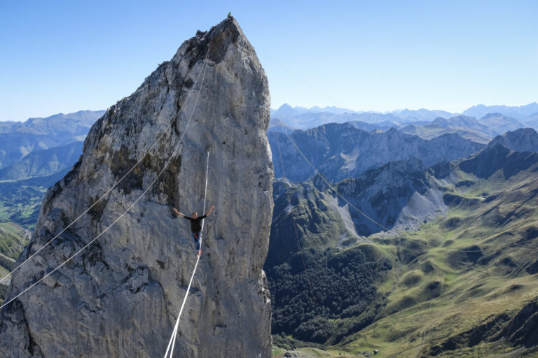 France, Lescun, 2018-09-23. At the Aiguilles d Ansabere above Lescun in the Aspe valley the Toulouse extreme sports team