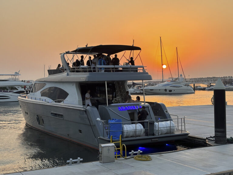 United Arab Emirates, Dubai, 2023-10-18. Dubai Marina and the Jumeirah Beach Residence seafront line up towers, yachts a