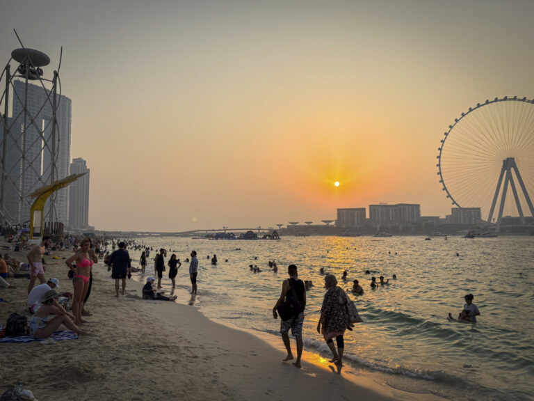 United Arab Emirates, Dubai, 2023-10-20. Dubai Marina and the Jumeirah Beach Residence seafront line up towers, yachts a