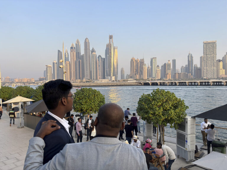 United Arab Emirates, Dubai, 2023-10-18. Dubai Marina and the Jumeirah Beach Residence seafront line up towers, yachts a