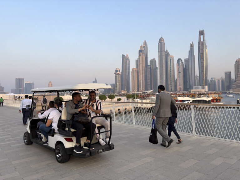 United Arab Emirates, Dubai, 2023-10-18. Dubai Marina and the Jumeirah Beach Residence seafront line up towers, yachts a