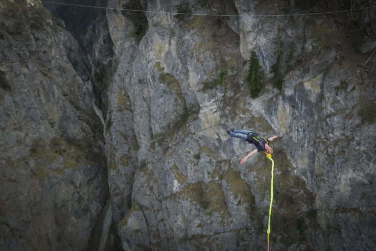 Switzerland, Chandolin, 2017-03-31. At the Niouc bridge in the Val d Anniviers the highest suspension footbridge in Euro