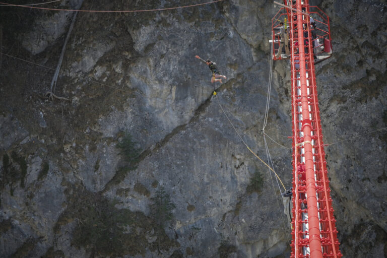 Switzerland, Chandolin, 2017-04-01. At the Niouc bridge in the Val d Anniviers the highest suspension footbridge in Euro