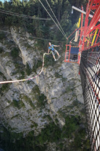 Switzerland, Chandolin, 2016-08-25. At the Niouc bridge in the Val d Anniviers the highest suspension footbridge in Euro