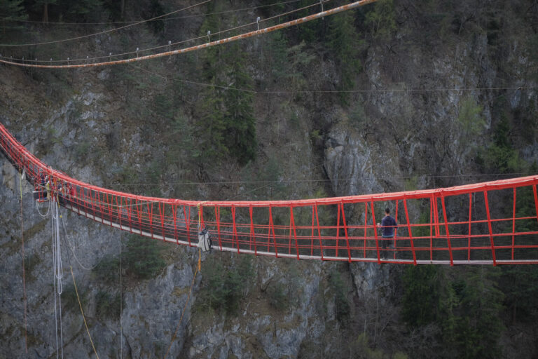 Switzerland, Chandolin, 2017-04-01. At the Niouc bridge in the Val d Anniviers the highest suspension footbridge in Euro