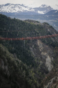 Switzerland, Chandolin, 2017-04-01. At the Niouc bridge in the Val d Anniviers the highest suspension footbridge in Euro