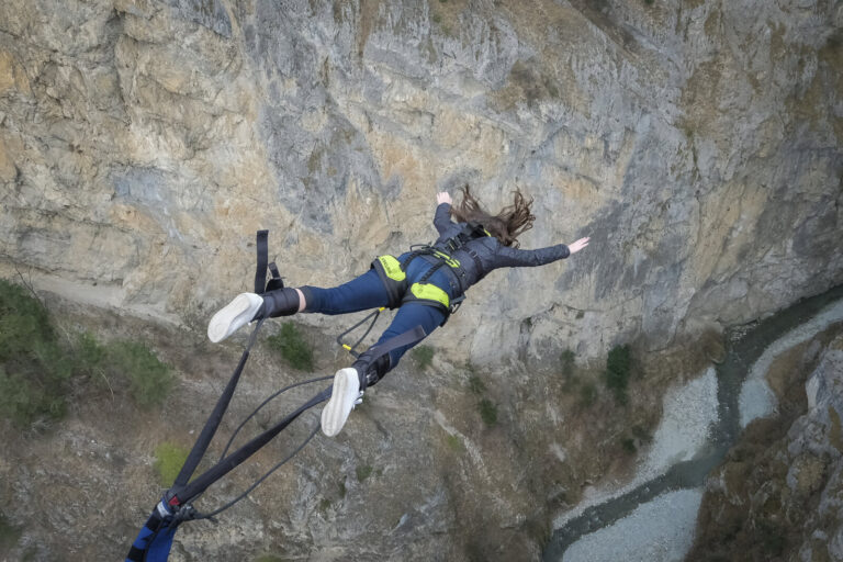 Switzerland, Chandolin, 2017-04-01. At the Niouc bridge in the Val d Anniviers the highest suspension footbridge in Euro