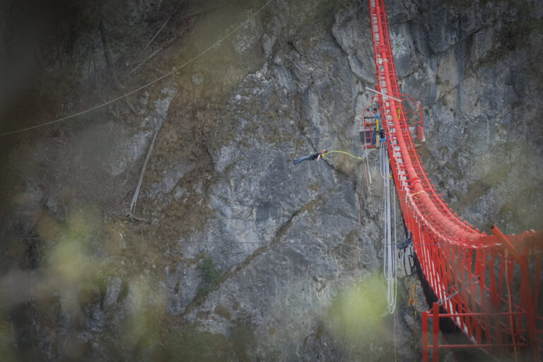 Switzerland, Chandolin, 2017-03-31. At the Niouc bridge in the Val d Anniviers the highest suspension footbridge in Euro
