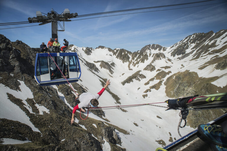 France, La Mongie, 2015-05-28. At the Pic du Midi de Bigorre in the French Pyrenees members of the extreme sports team P