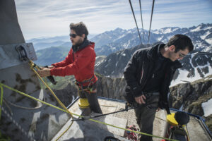 France, La Mongie, 2015-05-28. At the Pic du Midi de Bigorre in the French Pyrenees members of the extreme sports team P