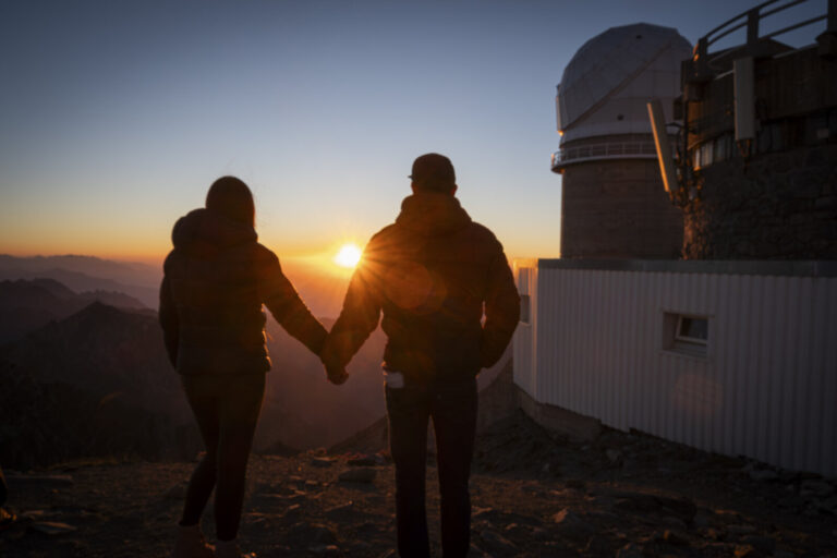 France, La Mongie, 2023-08-11. Sunset from the Pic du Midi de Bigorre, the observatory perched at 2877 metres in the Pyr