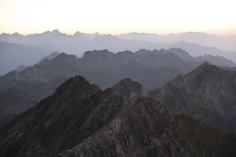 France, La Mongie, 2023-08-11. Sunset from the Pic du Midi de Bigorre, the observatory perched at 2877 metres in the Pyr