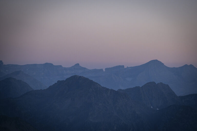 France, La Mongie, 2023-08-11. Sunset from the Pic du Midi de Bigorre, the observatory perched at 2877 metres in the Pyr