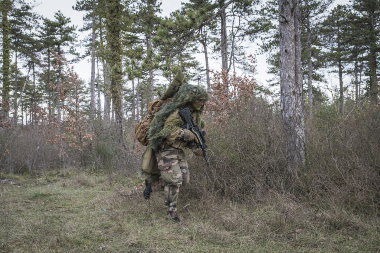 France, Castres, 2018-01-25. Precision shooters of the 8th marine infantry parachute regiment train in the woods near Ca
