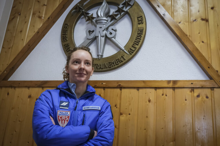 France, Chamonix, 2021-02-15. Nadege, a young woman of the CRS mountain rescue unit at Chamonix, in her working days of 