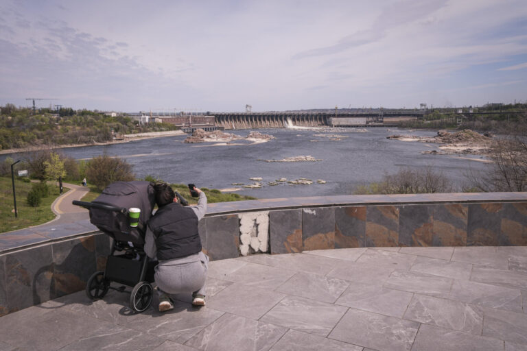 Ukraine, Zaporijia, 2026-04-23. The hydroelectric dam and the high voltage substation of Zaporizhzhia in April 2026, the
