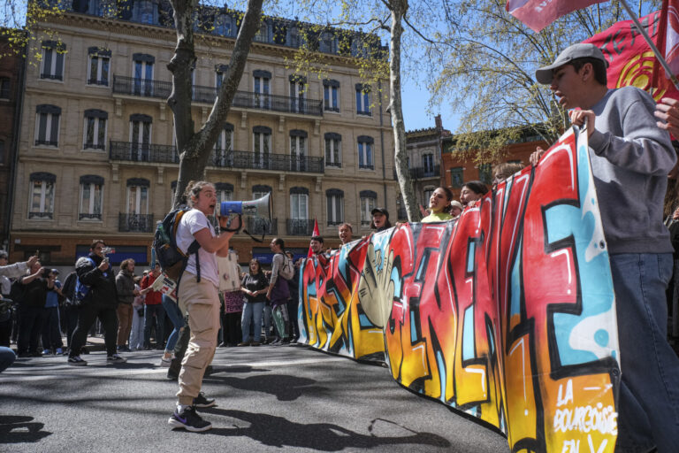 France, Toulouse, 2023-04-06. The demonstration against the pension reform of 6 April 2023 in Toulouse, from the union p